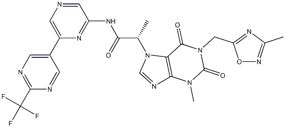 (S)-2-(3-methyl-1-((3-methyl-1,2,4-oxadiazol-5-yl)methyl)-2,6-dioxo-2,3-dihydro-1H-purin-7(6H)-yl)-N-(6-(2-(trifluoromethyl)pyrimidin-5-yl)pyrazin-2-yl)propanamide 结构式