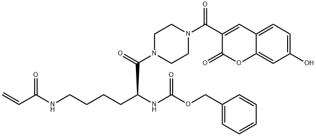 (S)-benzyl (6-acrylamido-1-(4-(7-hydroxy-2-oxo-2H-chromene-3-carbonyl)piperazin-1-yl)-1-oxohexan-2-yl)carbamate 结构式