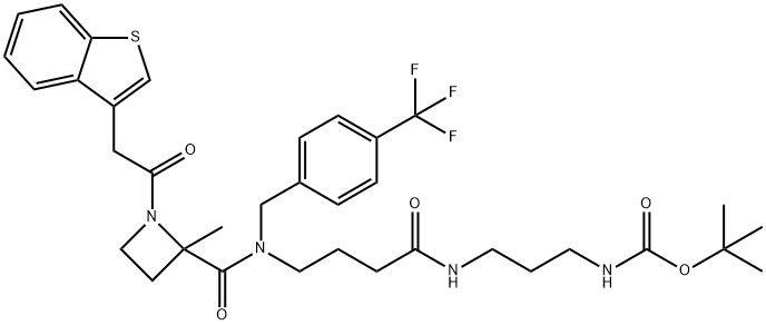 tert-butyl (3-(4-(1-(2-(benzo[b]thiophen-3-yl)acetyl)-2-methyl-N-(4-(trifluoromethyl)benzyl)azetidine-2-carboxamido)butanamido)propyl)carbamate 结构式