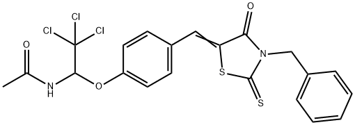(E)-N-(1-(4-((3-benzyl-4-oxo-2-thioxothiazolidin-5-ylidene)methyl)phenoxy)-2,2,2-trichloroethyl)acetamide 结构式