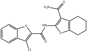 N-(3-carbamoyl-4,5,6,7-tetrahydrobenzo[b]thiophen-2-yl)-3-chlorobenzo[b]thiophene-2-carboxamide 结构式