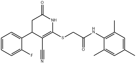 2-((3-cyano-4-(2-fluorophenyl)-6-oxo-1,4,5,6-tetrahydropyridin-2-yl)thio)-N-mesitylacetamide 结构式