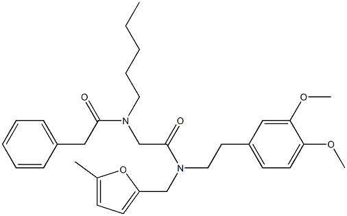 N-[2-(3,4-dimethoxyphenyl)ethyl]-N-[(5-methyl-2-furyl)methyl]-2-[pentyl-(2-phenylacetyl)amino]acetamide 结构式