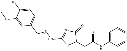 2-((E)-2-(((E)-4-hydroxy-3-methoxybenzylidene)hydrazono)-4-oxothiazolidin-5-yl)-N-phenylacetamide 结构式