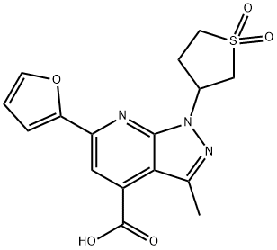 1-(1,1-Dioxo-tetrahydro-1l6-thiophen-3-yl)-6-furan-2-yl-3-methyl-1H-pyrazolo[3,4-b]pyridine-4-carboxylic acid 结构式