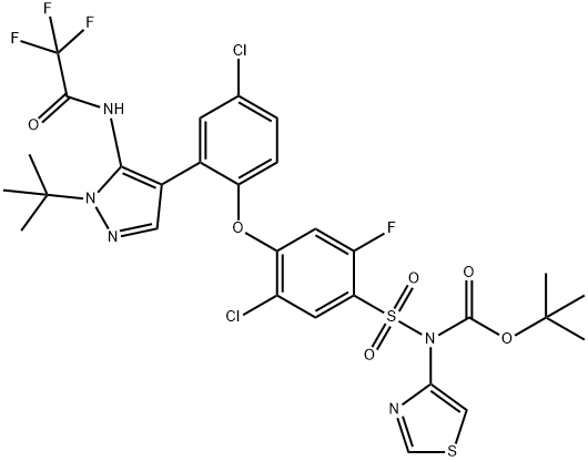 tert-butyl ((4-(2-(1-(tert-butyl)-5-(2,2,2-trifluoroacetamido)-1H-pyrazol-4-yl)-4-chlorophenoxy)-5-chloro-2-fluorophenyl)sulfonyl)(thiazol-4-yl)carbamate 结构式