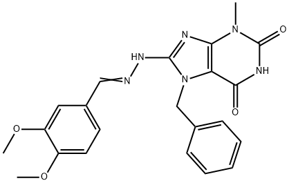 (E)-7-benzyl-8-(2-(3,4-dimethoxybenzylidene)hydrazinyl)-3-methyl-3,7-dihydro-1H-purine-2,6-dione 结构式