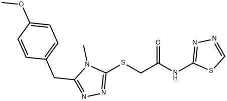 2-{[5-(4-methoxybenzyl)-4-methyl-4H-1,2,4-triazol-3-yl]sulfanyl}-N-(1,3,4-thiadiazol-2-yl)acetamide 结构式