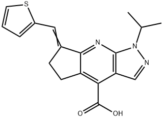 1-Isopropyl-7-thiophen-2-ylmethylene-1,5,6,7-tetrahydro-1,2,8-triaza-s-indacene-4-carboxylic acid 结构式