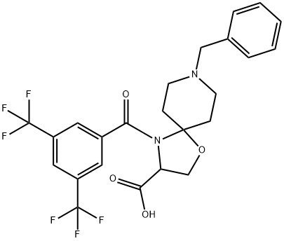 8-benzyl-4-[3,5-bis(trifluoromethyl)benzoyl]-1-oxa-4,8-diazaspiro[4.5]decane-3-carboxylic acid 结构式