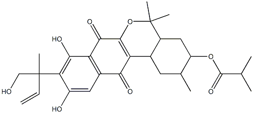 Propanoic acid,2-methyl-,1,3,4,4a,5,7,12,12b-octahydro-8,10-dihydroxy-9-[1-(hydroxymethyl)-1-methyl-2-propenyl]-2,5,5-trimethyl-7,12-dioxo-2H-benzo[d]naphtho[2,3-b]pyran-3-ylester (9CI) 结构式