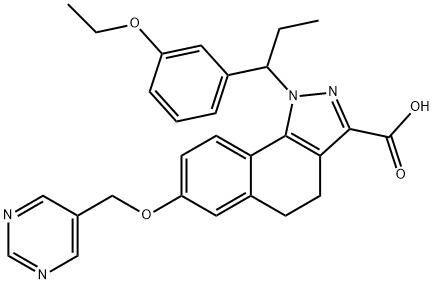 1-(1-(3-ethoxyphenyl)propyl)-7-(pyrimidin-5-ylmethoxy)-4,5-dihydro-1H-benzo[g]indazole-3-carboxylic acid 结构式