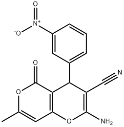 2-amino-7-methyl-4-(3-nitrophenyl)-5-oxo-4H-pyrano[3,2-c]pyran-3-carbonitrile 结构式