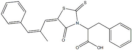 2-((Z)-5-((E)-2-methyl-3-phenylallylidene)-4-oxo-2-thioxothiazolidin-3-yl)-3-phenylpropanoic acid 结构式