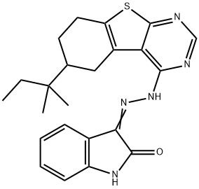 (E)-3-(2-(6-(tert-pentyl)-5,6,7,8-tetrahydrobenzo[4,5]thieno[2,3-d]pyrimidin-4-yl)hydrazono)indolin-2-one 结构式