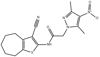 N-(3-cyano-5,6,7,8-tetrahydro-4H-cyclohepta[b]thiophen-2-yl)-2-(3,5-dimethyl-4-nitro-1H-pyrazol-1-yl)acetamide 结构式