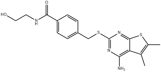 4-(((4-amino-5,6-dimethylthieno[2,3-d]pyrimidin-2-yl)thio)methyl)-N-(2-hydroxyethyl)benzamide 结构式