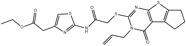 ethyl 2-(2-(2-((3-allyl-4-oxo-3,5,6,7-tetrahydro-4H-cyclopenta[4,5]thieno[2,3-d]pyrimidin-2-yl)thio)acetamido)thiazol-4-yl)acetate 结构式