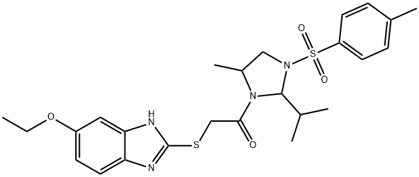 2-[(5-ethoxy-1H-benzimidazol-2-yl)sulfanyl]-1-{5-methyl-3-[(4-methylphenyl)sulfonyl]-2-(propan-2-yl)imidazolidin-1-yl}ethanone 结构式