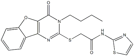 2-[(3-butyl-4-oxo-[1]benzofuro[3,2-d]pyrimidin-2-yl)sulfanyl]-N-(1,3-thiazol-2-yl)acetamide 结构式