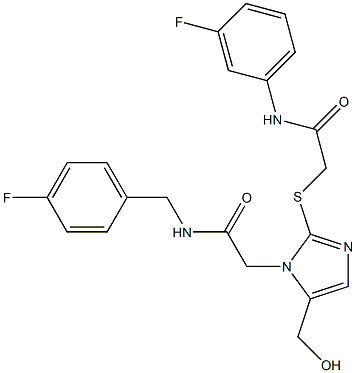 2-[2-[2-(3-fluoroanilino)-2-oxoethyl]sulfanyl-5-(hydroxymethyl)imidazol-1-yl]-N-[(4-fluorophenyl)methyl]acetamide 结构式