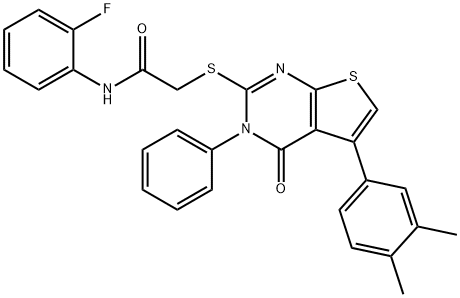 2-((5-(3,4-dimethylphenyl)-4-oxo-3-phenyl-3,4-dihydrothieno[2,3-d]pyrimidin-2-yl)thio)-N-(2-fluorophenyl)acetamide 结构式