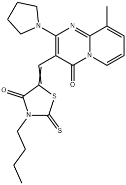 (Z)-3-butyl-5-((9-methyl-4-oxo-2-(pyrrolidin-1-yl)-4H-pyrido[1,2-a]pyrimidin-3-yl)methylene)-2-thioxothiazolidin-4-one 结构式