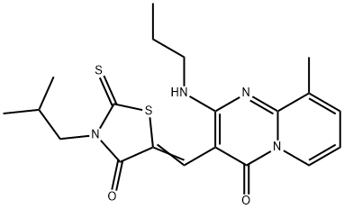 (Z)-3-isobutyl-5-((9-methyl-4-oxo-2-(propylamino)-4H-pyrido[1,2-a]pyrimidin-3-yl)methylene)-2-thioxothiazolidin-4-one 结构式