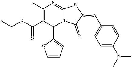 ethyl (E)-2-(4-(dimethylamino)benzylidene)-5-(furan-2-yl)-7-methyl-3-oxo-2,3-dihydro-5H-thiazolo[3,2-a]pyrimidine-6-carboxylate 结构式