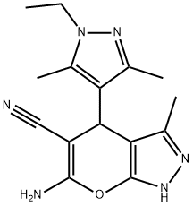 6-amino-4-(1-ethyl-3,5-dimethyl-1H-pyrazol-4-yl)-3-methyl-1,4-dihydropyrano[2,3-c]pyrazole-5-carbonitrile 结构式