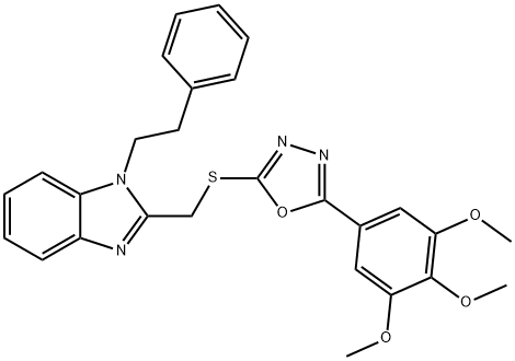 1-(2-phenylethyl)-2-({[5-(3,4,5-trimethoxyphenyl)-1,3,4-oxadiazol-2-yl]sulfanyl}methyl)-1H-benzimidazole 结构式