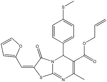 prop-2-enyl 8-(2-furylmethylidene)-4-methyl-2-(4-methylsulfanylphenyl)-9-oxo-7-thia-1,5-diazabicyclo[4.3.0]nona-3,5-diene-3-carboxylate 结构式