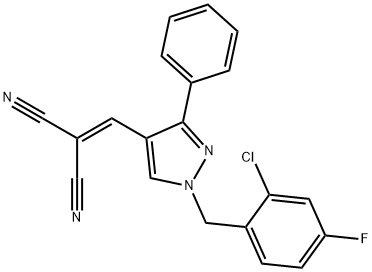 2-[[1-[(2-chloro-4-fluorophenyl)methyl]-3-phenylpyrazol-4-yl]methylidene]propanedinitrile 结构式