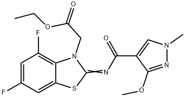 ethyl (Z)-2-(4,6-difluoro-2-((3-methoxy-1-methyl-1H-pyrazole-4-carbonyl)imino)benzo[d]thiazol-3(2H)-yl)acetate 结构式