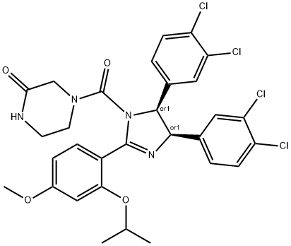 4-[(4S,5R)-4,5-bis(3,4-dichlorophenyl)-2-(4-methoxy-2-propan-2-yloxyphenyl)-4,5-dihydroimidazole-1-carbonyl]piperazin-2-one 结构式