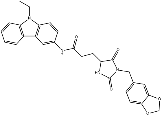3-[1-(1,3-benzodioxol-5-ylmethyl)-2,5-dioxoimidazolidin-4-yl]-N-(9-ethylcarbazol-3-yl)propanamide 结构式