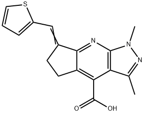 1,3-Dimethyl-7-thiophen-2-ylmethylene-1,5,6,7-tetrahydro-1,2,8-triaza-s-indacene-4-carboxylic acid 结构式