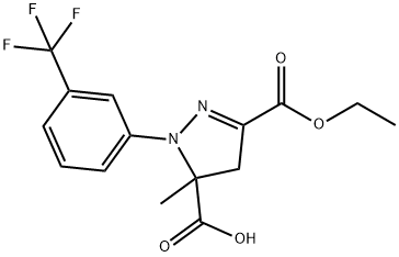 3-(ethoxycarbonyl)-5-methyl-1-[3-(trifluoromethyl)phenyl]-4,5-dihydro-1H-pyrazole-5-carboxylic acid 结构式