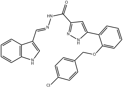 (E)-N-((1H-indol-3-yl)methylene)-3-(2-((4-chlorobenzyl)oxy)phenyl)-1H-pyrazole-5-carbohydrazide 结构式