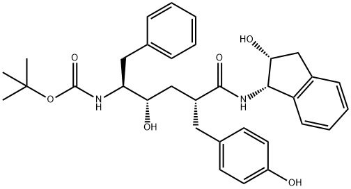 叔-丁基 ((2S,3S,5R)-3-羟基-6-(((1S,2R)-2-羟基-2,3-二氢-1H-茚-1-基)氨基)-5-(4-羟基苯甲基)-6-氧亚基-1-苯基己烷-2-基)氨基甲酯 结构式