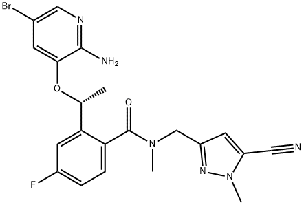 (R)-2-(1-(2-氨基-5-溴吡啶-3-丙氧基)乙基)-N-((5-氰基-1-甲基-1H-吡唑-3-基)甲基)-4-氟-N-甲基苯甲酰胺 结构式