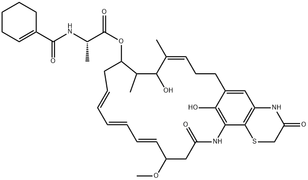 Alanine,N-(1-cyclohexen-1-ylcarbonyl)-,(10E,12E,14E,20Z)-2,3,6,7,8,9,16,17,18,19,22,23-dodecahydro-19,26-dihydroxy-9-methoxy-18,20-dimethyl-2,7-dioxo-1H-5,24-metheno[1,4]thiazino[2,3-c]azacyclotricosin-17-ylester 结构式
