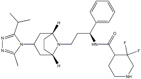 3,3-difluoro-N-((S)-3-((1S,3R,5R)-3-(3-isopropyl-5-methyl-4H-1,2,4-triazol-4-yl)-8-aza-bicyclo[3.2.1]octan-8-yl)-1-phenylpropyl)piperidine-4-carboxamide 结构式