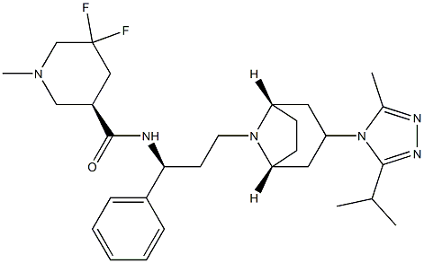 5,5-difluoro-N-((S)-3-((1S,3R,5R)-3-(3-isopropyl-5-methyl-4H-1,2,4-triazol-4-yl)-8-aza-bicyclo[3.2.1]octan-8-yl)-1-phenylpropyl)-1-methylpiperidine-3-carboxamide 结构式