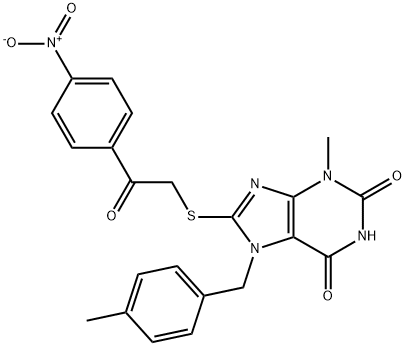 3-methyl-7-(4-methylbenzyl)-8-((2-(4-nitrophenyl)-2-oxoethyl)thio)-3,7-dihydro-1H-purine-2,6-dione 结构式