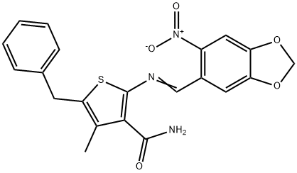 5-benzyl-4-methyl-2-{[(6-nitro-1,3-benzodioxol-5-yl)methylene]amino}-3-thiophenecarboxamide 结构式