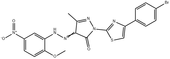 2-[4-(4-bromophenyl)-1,3-thiazol-2-yl]-4-[(2-methoxy-5-nitrophenyl)hydrazono]-5-methyl-2,4-dihydro-3H-pyrazol-3-one 结构式