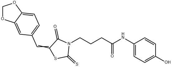 (Z)-4-(5-(benzo[d][1,3]dioxol-5-ylmethylene)-4-oxo-2-thioxothiazolidin-3-yl)-N-(4-hydroxyphenyl)butanamide 结构式