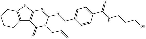 4-(((3-allyl-4-oxo-3,4,5,6,7,8-hexahydrobenzo[4,5]thieno[2,3-d]pyrimidin-2-yl)thio)methyl)-N-(3-hydroxypropyl)benzamide 结构式