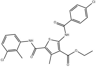 ethyl 5-[(3-chloro-2-methylphenyl)carbamoyl]-2-{[(4-chlorophenyl)carbonyl]amino}-4-methylthiophene-3-carboxylate 结构式